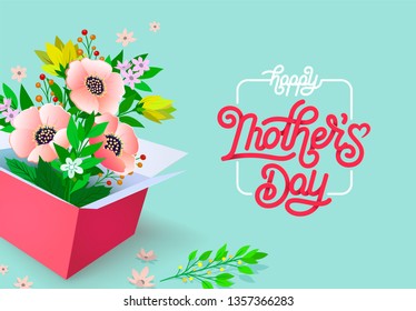 Happy Mothers Day beautiful greeting card. Bright vector illustration with colorful trend floral pattern and mothers day lettering. Traditional folk flowers bouquet.