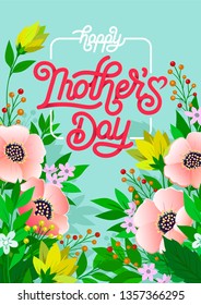 Happy Mothers Day beautiful greeting card. Bright vector illustration with colorful trend floral pattern and mothers day lettering. Traditional folk flowers bouquet.