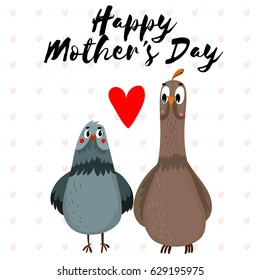  Happy Mothers Day beautiful greeting card in cartoon style. Cute vector illustration with pigeons. stock vector

