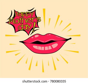 Happy Mother's Day, Beautiful greeting card poster with comic lips pop art style