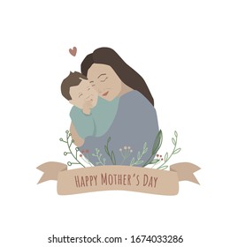 Happy Mother's Day. Beautiful vector stylish illustration of mum and son with ribbon title and doodle plants. Motherhood concept. Family Love.Flat style.