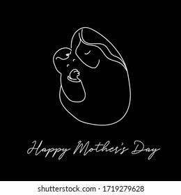 Happy Mother's Day. Beautiful Vector Stylish Doodle Illustration Of Mum And Baby . White Graphics On Black Background. Stencil Design. Greeting Card. Hand Drawn Line Art.