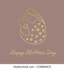 Happy Mother's Day. Beautiful vector stylish illustration of mum and dauter. Gold line art graphic on beige background. Flat style.