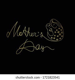 Happy Mother's Day. Beautiful vector stylish illustration of mum and child. Golden graphic on black background. Line art.