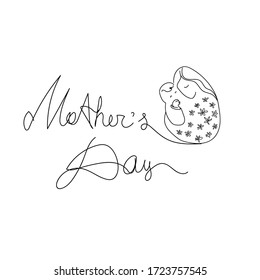 Happy Mother's Day. Beautiful vector line art illustration logo of mum and dauter. Handwritten lettering.