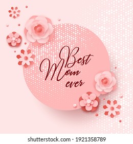 Feliz Día de la Madre. La mejor mamá jamás adorable diseño romántico femenino con rosas para el menú, volante, invitación. Flores rosas, confeti, perlas. Tarjeta de regalo de vacaciones. Ilustración del vector