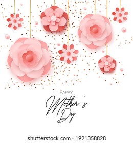 Happy Mother's Day. Best mom ever cute romantic feminine design with roses for menu, flyer,  invitation. Pink flowers, confetti, pearls. Holiday gift card. Vector illustration