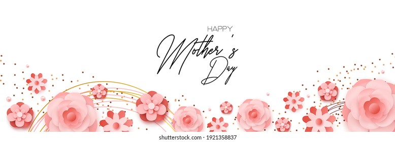 Happy Mother's Day. Best mom ever cute romantic feminine design with roses for menu, flyer,  invitation. Pink flowers, confetti, pearls. Holiday gift card. Vector illustration