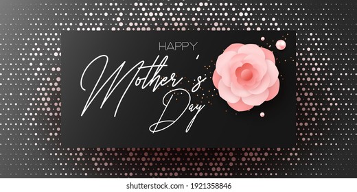 Happy Mother's Day. Best mom ever black elegant feminine design with roses for menu, flyer,  invitation. Pink flower, confetti, pearls. Holiday gift card. Vector illustration