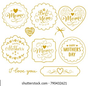 Happy Mother's Day. Best Mom Ever. I love you. Set of beautiful decorative Mothers Day gift tags with calligraphic greeting text, ornamental design elements. Vector holiday decorations