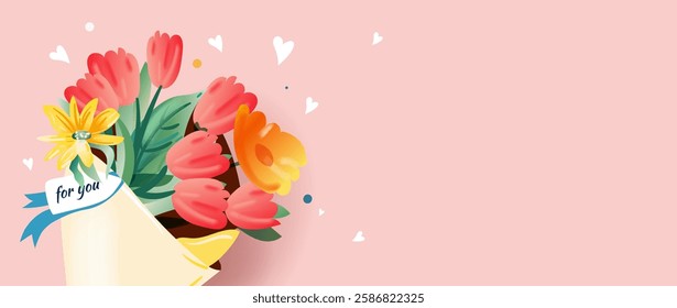 Happy Mother's Day, birthday, International women's day banner template. Bouquet of flowers on green background with copy space, vector illustration in watercolor style