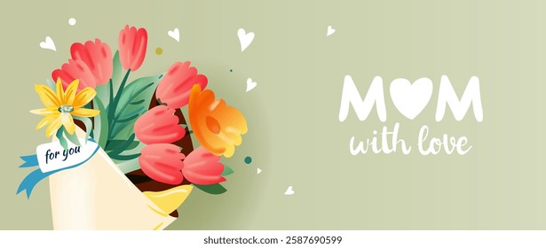 Happy Mother's Day, birthday, International women's day banner template. Bouquet of flowers on green background with copy space, vector illustration in watercolor style