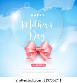 Happy mother's day blue sky background glass transparent love shape plate and pink ribbon