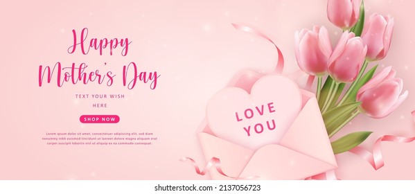 Happy mother's day botanic garden pink tulip flower and envelope love heart shape paper note