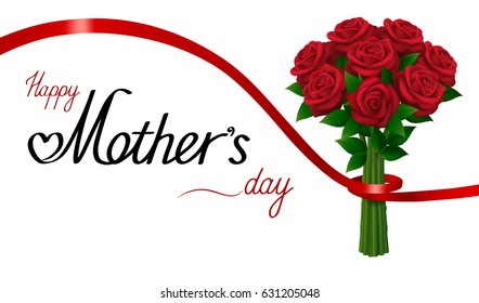 Happy Mothers Day. Bouquet of red roses with ribbon on white background. 