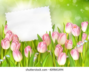 Happy Mothers Day. Bouquet of tulips over blurred green background. Fresh spring flowers. EPS 10 vector file included