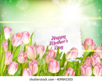 Happy Mothers Day. Bouquet of tulips over blurred green background. Fresh spring flowers. EPS 10 vector file included