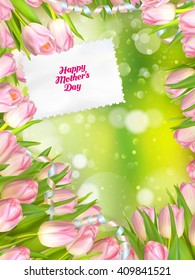 Happy Mothers Day. Bouquet of tulips over blurred green background. Fresh spring flowers. EPS 10 vector file included