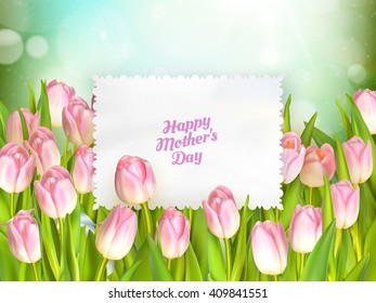 Happy Mothers Day. Bouquet of tulips over blurred green background. Fresh spring flowers. EPS 10 vector file included