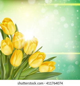 Happy Mothers Day. Bouquet of tulips over blurred green background. Fresh spring flowers. EPS 10 vector