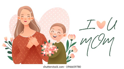 Feliz Día de la Madre. El niño le da a su madre un ramo de flores. Postal para la fiesta del Día de la Madre. 