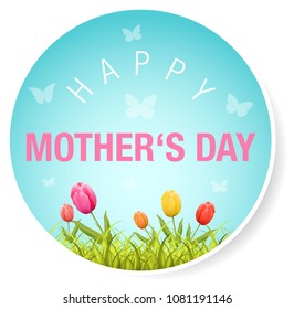 Happy mother's day button with flowers and butterflies