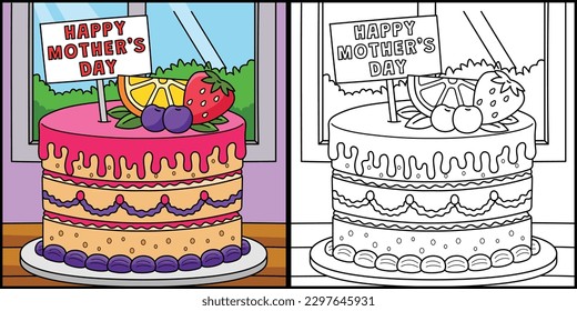 Happy Mothers Day Cake Coloring Page Illustration