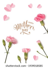 Feliz Día de las Madres. Texto de saludo caligráfico. Plantilla de diseño de vacaciones con flores de clavel rosadas realistas y corazones de papel. Ilustración de material vectorial