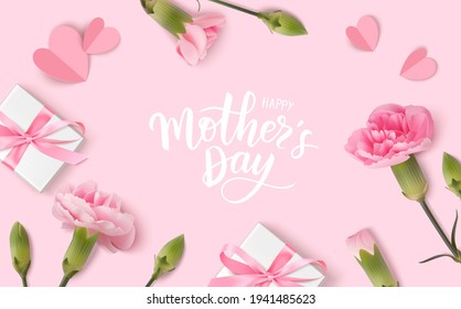 Happy Mothers day. Calligraphic greeting text. Holiday design template with realistic pink carnation flowers, gift boxes and paper hearts on pink background. Vector stock illustration.