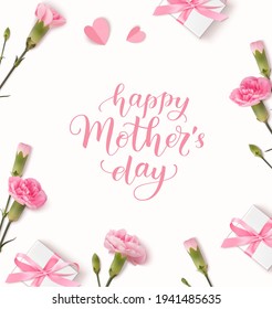 Happy Mothers day. Calligraphic greeting text. Holiday design template with realistic pink carnation flowers, gift boxes and paper hearts on white background. Vector stock illustration.