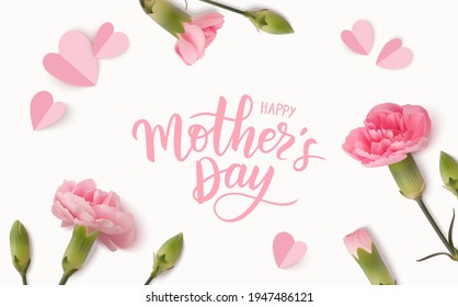 Happy Mothers day. Calligraphic greeting text. Holiday design template with realistic pink carnation flowers and paper hearts. Vector stock illustration