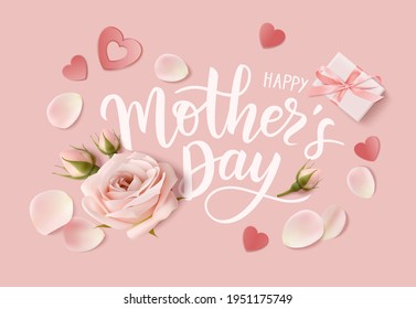 Happy Mothers day. Calligraphic greeting text. Holiday design template with realistic rose flower, bud,petal and gift box on pink background. Vector stock illustration.