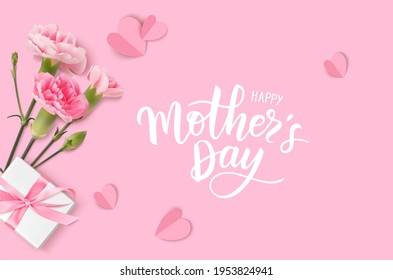 Happy Mothers day. Calligraphic greeting text. Holiday design template with realistic pink carnation flowers, gift box and paper hearts on pink background. Vector stock illustration.