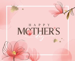 Happy Mother's Day Calligraphy Abstract Art Background Vector. Luxury Minimal Style Wallpaper With Golden Line Art Flower And Botanical Leaves, Watercolor. Vector Background For Banner, Poster.