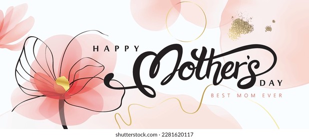 Happy Mother's Day Calligraphy abstract art background vector. Luxury minimal style wallpaper with golden line art flower and botanical leaves, watercolor. Vector background for banner, poster.