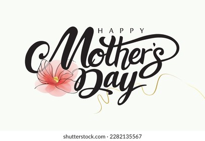 Happy Mother's Day Calligraphy abstract art background vector. Luxury minimal style wallpaper with golden line art flower and botanical leaves, watercolor. Vector background for banner, poster.