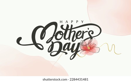 Happy Mother's Day Calligraphy abstract art background vector. Luxury minimal style wallpaper with golden line art flower and botanical leaves, watercolor. Vector background for banner, poster