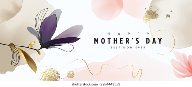 Happy Mother's Day Calligraphy abstract art background vector. Luxury minimal style wallpaper with golden line art flower and botanical leaves, watercolor. Vector background for banner, poster