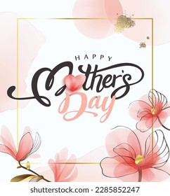 Happy Mother's Day Calligraphy abstract art background vector. Luxury minimal style wallpaper with golden line art flower and botanical leaves, watercolor. Vector background for banner, poster.