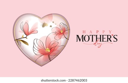 Happy Mother's Day Calligraphy abstract art background vector. Luxury minimal style wallpaper with golden line art flower and botanical leaves, watercolor. Vector background for banner, poster.