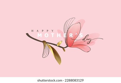 Happy Mother's Day Calligraphy abstract art background vector. Luxury minimal style wallpaper with golden line art flower and botanical leaves, watercolor. Vector background for banner, poster.