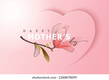 Happy Mother's Day Calligraphy abstract art background vector. Luxury minimal style wallpaper with golden line art flower and botanical leaves, watercolor. Vector background for banner, poster.