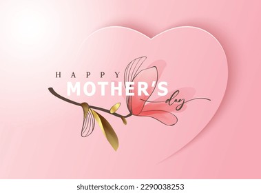 Happy Mother's Day Calligraphy abstract art background vector. Luxury minimal style wallpaper with golden line art flower and botanical leaves, watercolor. Vector background for banner, poster.