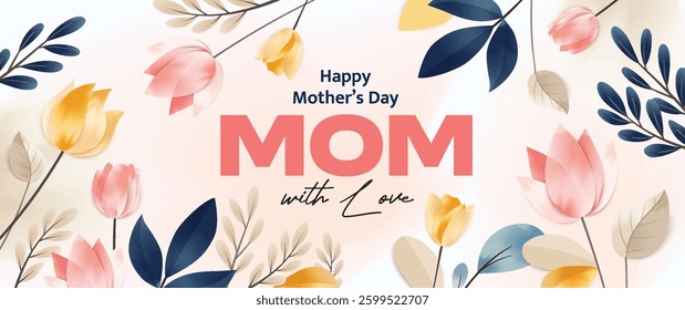 Happy Mother's Day Calligraphy abstract art background vector. Luxury minimal style wallpaper with golden line art flower and botanical leaves, watercolor. Vector background for banner, poster.