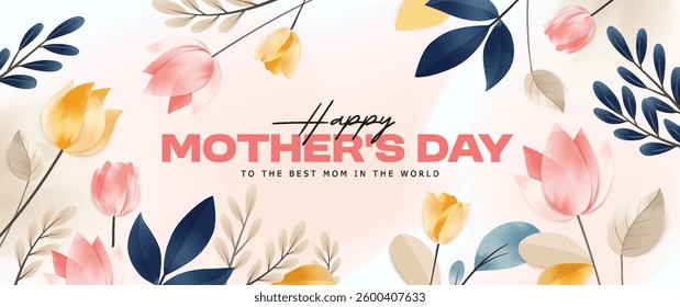 Happy Mother's Day Calligraphy abstract art background vector. Luxury minimal style wallpaper with golden line art flower and botanical leaves, watercolor. Vector background for banner, poster.