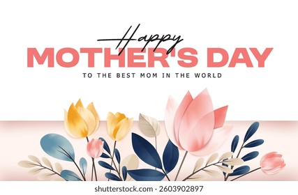Happy Mother's Day Calligraphy abstract art background vector. Luxury minimal style wallpaper with golden line art flower and botanical leaves, watercolor. Vector background for banner, poster.