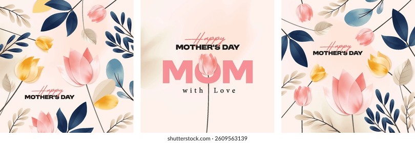 Happy Mother's Day Calligraphy abstract art background vector. Luxury minimal style wallpaper with golden line art flower and botanical leaves, watercolor. Vector background for banner, poster.