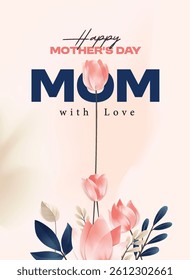 Happy Mother's Day Calligraphy abstract art background vector. Luxury minimal style wallpaper with golden line art flower and botanical leaves, watercolor. Vector background for banner, poster.