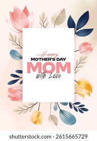 Happy Mother's Day Calligraphy abstract art background vector. Luxury minimal style wallpaper with golden line art flower and botanical leaves, watercolor. Vector background for banner, poster.
