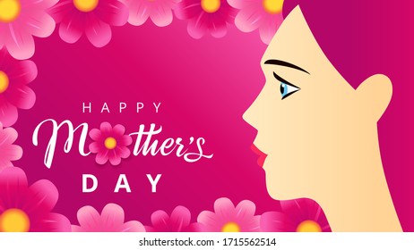 Happy Mothers Day calligraphy banner, beautiful woman on pink flowers background. Vector rose color chamomile blossom decoration for Mother's day special offer poster. Best Mom ever greeting card